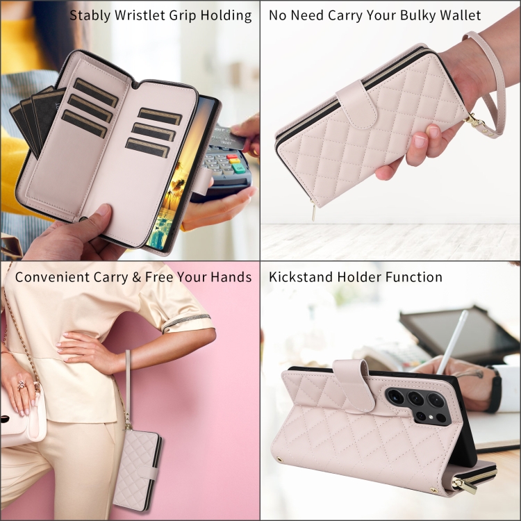 For Samsung Galaxy S24 5G Crossbody Rhombic Zipper Tower Buckle Leather Phone Case with Lanyard(Beige) For Samsung Galaxy S24 5G Crossbody Rhombic Zipper Tower Buckle Leather Phone Case with Lanyard(Beige)