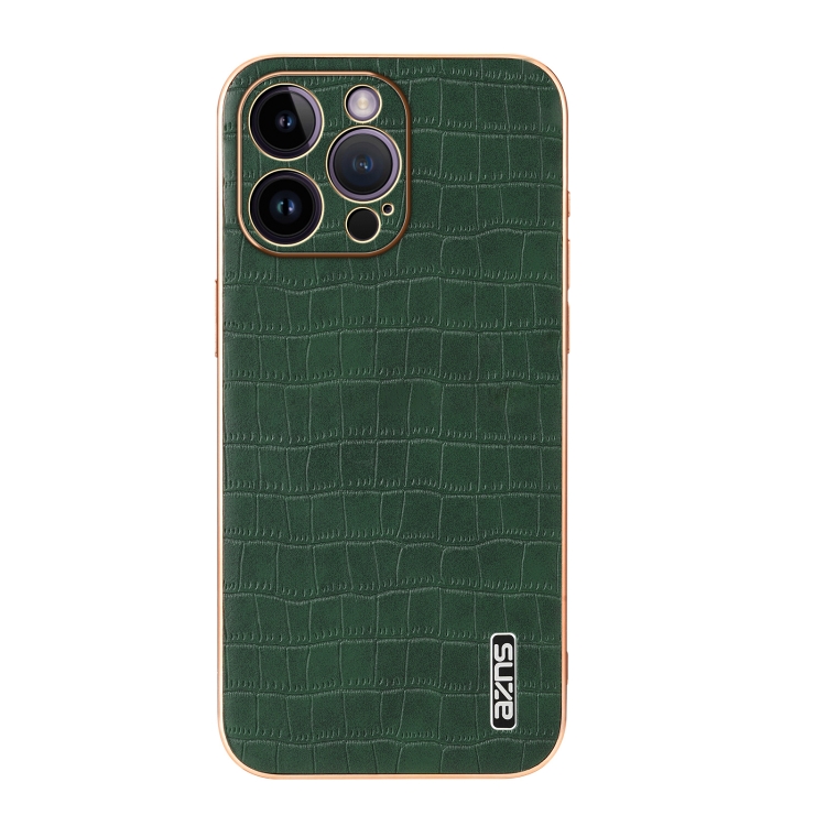 For iPhone 14 Pro AZNS Electroplated Frame Crocodile Texture Full Coverage Phone Case(Green) For iPhone 14 Pro AZNS Electroplated Frame Crocodile Texture Full Coverage Phone Case(Green)