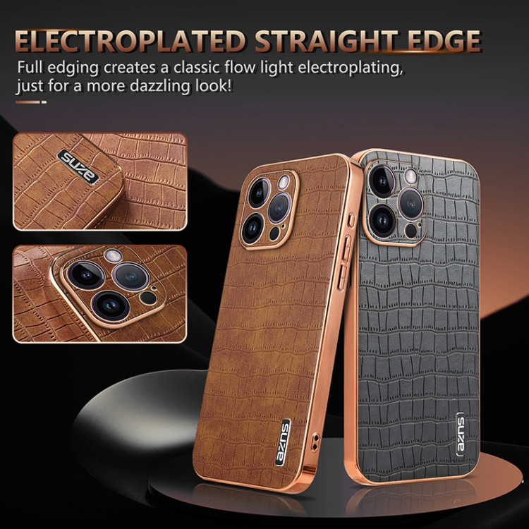 For iPhone 14 Pro AZNS Electroplated Frame Crocodile Texture Full Coverage Phone Case(Green) For iPhone 14 Pro AZNS Electroplated Frame Crocodile Texture Full Coverage Phone Case(Green)
