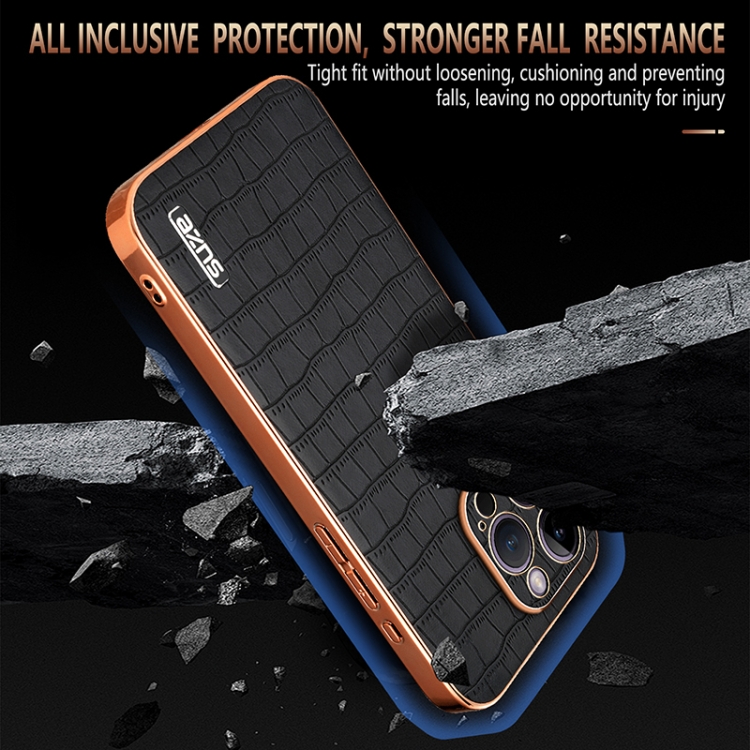 For iPhone 14 Pro AZNS Electroplated Frame Crocodile Texture Full Coverage Phone Case(Green) For iPhone 14 Pro AZNS Electroplated Frame Crocodile Texture Full Coverage Phone Case(Green)