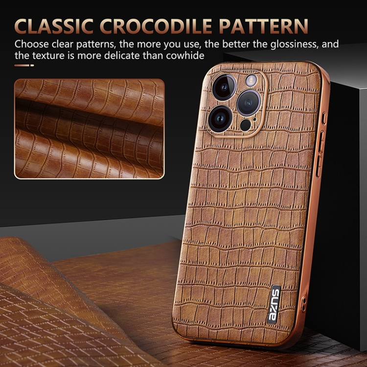 For iPhone 14 Pro AZNS Electroplated Frame Crocodile Texture Full Coverage Phone Case(Green) For iPhone 14 Pro AZNS Electroplated Frame Crocodile Texture Full Coverage Phone Case(Green)