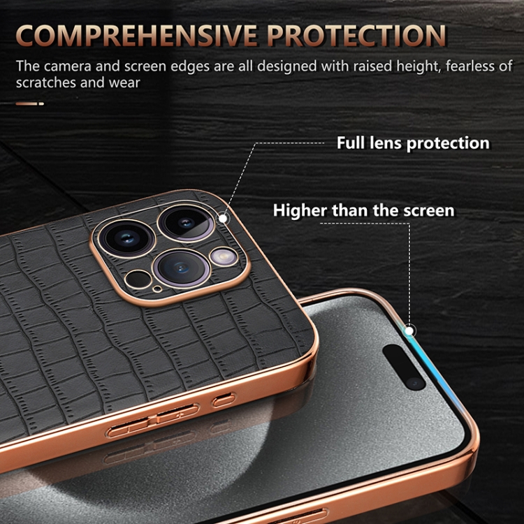 For iPhone 14 Pro AZNS Electroplated Frame Crocodile Texture Full Coverage Phone Case(Green) For iPhone 14 Pro AZNS Electroplated Frame Crocodile Texture Full Coverage Phone Case(Green)