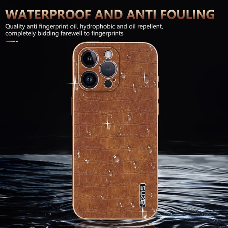 For iPhone 14 Pro AZNS Electroplated Frame Crocodile Texture Full Coverage Phone Case(Green) For iPhone 14 Pro AZNS Electroplated Frame Crocodile Texture Full Coverage Phone Case(Green)