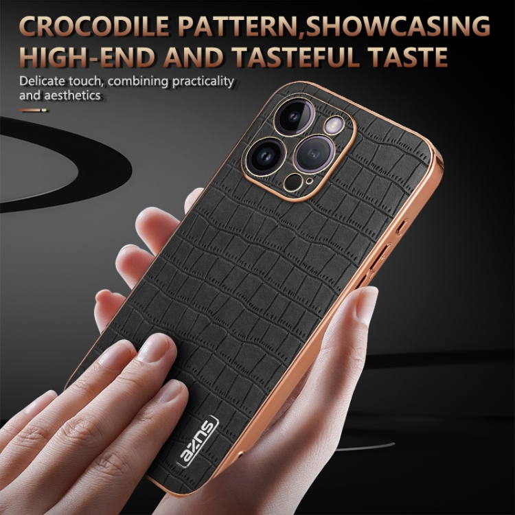 For iPhone 14 Pro AZNS Electroplated Frame Crocodile Texture Full Coverage Phone Case(Green) For iPhone 14 Pro AZNS Electroplated Frame Crocodile Texture Full Coverage Phone Case(Green)