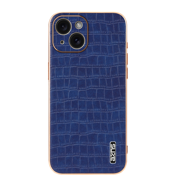 For iPhone 15 AZNS Electroplated Frame Crocodile Texture Full Coverage Phone Case(Blue) For iPhone 15 AZNS Electroplated Frame Crocodile Texture Full Coverage Phone Case(Blue)