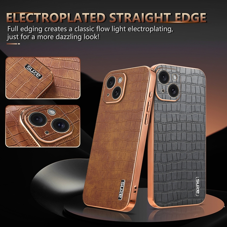 For iPhone 15 AZNS Electroplated Frame Crocodile Texture Full Coverage Phone Case(Blue) For iPhone 15 AZNS Electroplated Frame Crocodile Texture Full Coverage Phone Case(Blue)