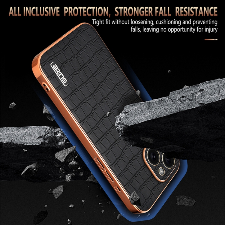 For iPhone 15 AZNS Electroplated Frame Crocodile Texture Full Coverage Phone Case(Blue) For iPhone 15 AZNS Electroplated Frame Crocodile Texture Full Coverage Phone Case(Blue)