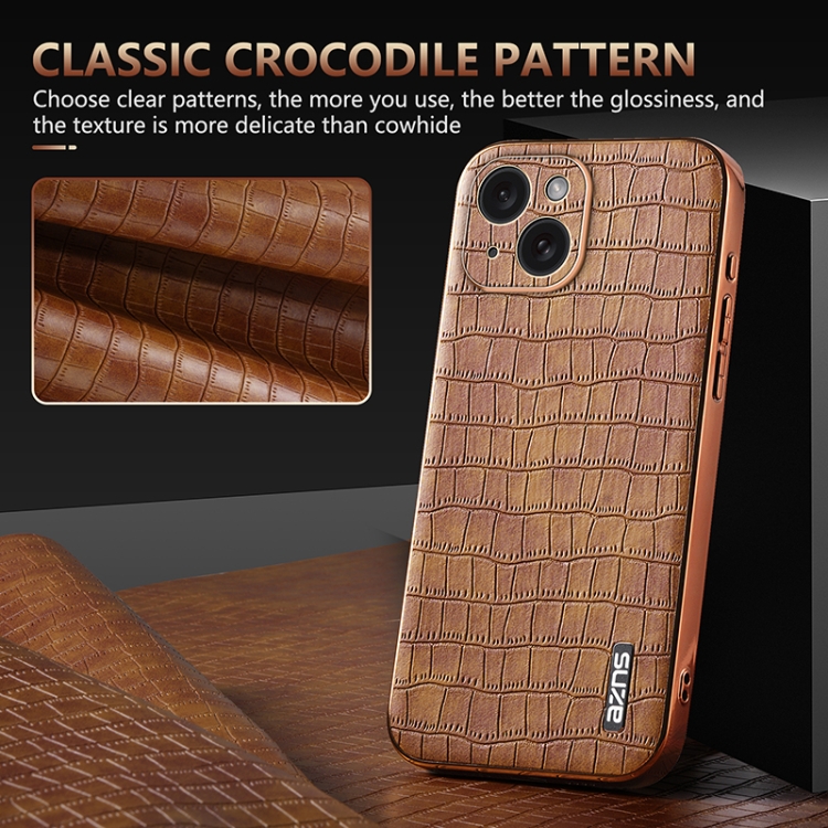 For iPhone 15 AZNS Electroplated Frame Crocodile Texture Full Coverage Phone Case(Blue) For iPhone 15 AZNS Electroplated Frame Crocodile Texture Full Coverage Phone Case(Blue)