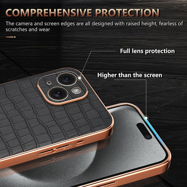 For iPhone 15 AZNS Electroplated Frame Crocodile Texture Full Coverage Phone Case(Blue) For iPhone 15 AZNS Electroplated Frame Crocodile Texture Full Coverage Phone Case(Blue)