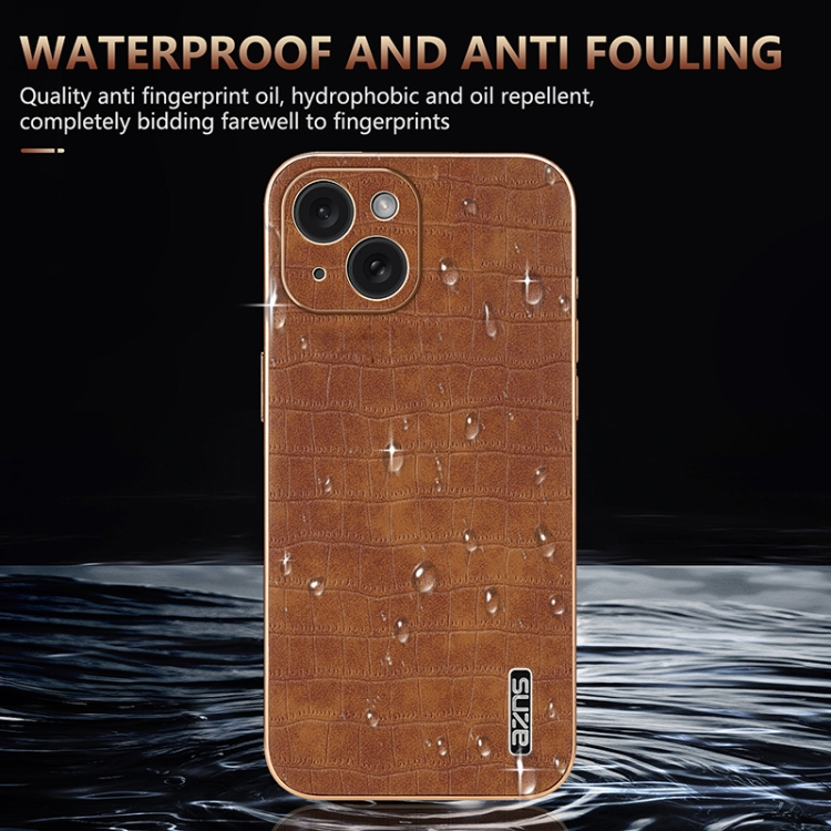 For iPhone 15 AZNS Electroplated Frame Crocodile Texture Full Coverage Phone Case(Blue) For iPhone 15 AZNS Electroplated Frame Crocodile Texture Full Coverage Phone Case(Blue)