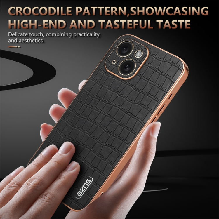 For iPhone 15 AZNS Electroplated Frame Crocodile Texture Full Coverage Phone Case(Blue) For iPhone 15 AZNS Electroplated Frame Crocodile Texture Full Coverage Phone Case(Blue)