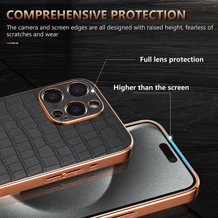 For iPhone 16 Pro Max AZNS Electroplated Frame Crocodile Texture Full Coverage Phone Case(Black) For iPhone 16 Pro Max AZNS Electroplated Frame Crocodile Texture Full Coverage Phone Case(Black)