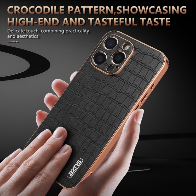For iPhone 16 Pro Max AZNS Electroplated Frame Crocodile Texture Full Coverage Phone Case(Black) For iPhone 16 Pro Max AZNS Electroplated Frame Crocodile Texture Full Coverage Phone Case(Black)