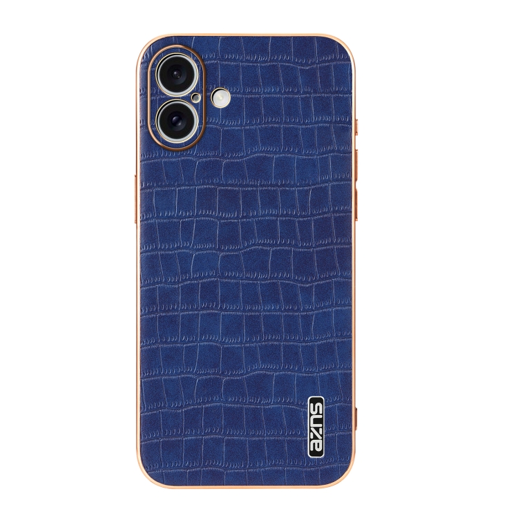 For iPhone 16 AZNS Electroplated Frame Crocodile Texture Full Coverage Phone Case(Blue) For iPhone 16 AZNS Electroplated Frame Crocodile Texture Full Coverage Phone Case(Blue)