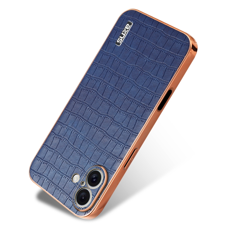 For iPhone 16 AZNS Electroplated Frame Crocodile Texture Full Coverage Phone Case(Blue) For iPhone 16 AZNS Electroplated Frame Crocodile Texture Full Coverage Phone Case(Blue)