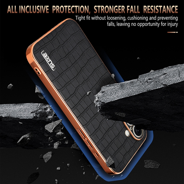 For iPhone 16 AZNS Electroplated Frame Crocodile Texture Full Coverage Phone Case(Blue) For iPhone 16 AZNS Electroplated Frame Crocodile Texture Full Coverage Phone Case(Blue)