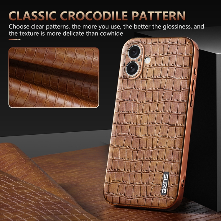 For iPhone 16 AZNS Electroplated Frame Crocodile Texture Full Coverage Phone Case(Blue) For iPhone 16 AZNS Electroplated Frame Crocodile Texture Full Coverage Phone Case(Blue)