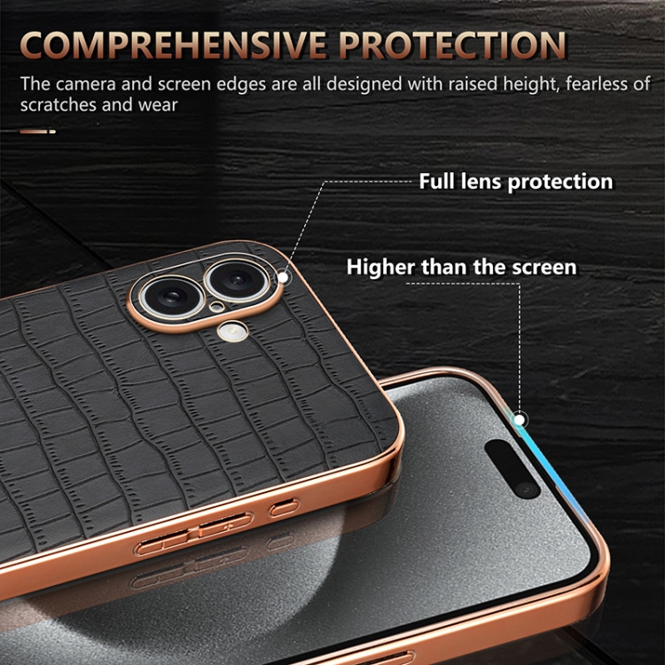 For iPhone 16 AZNS Electroplated Frame Crocodile Texture Full Coverage Phone Case(Blue) For iPhone 16 AZNS Electroplated Frame Crocodile Texture Full Coverage Phone Case(Blue)