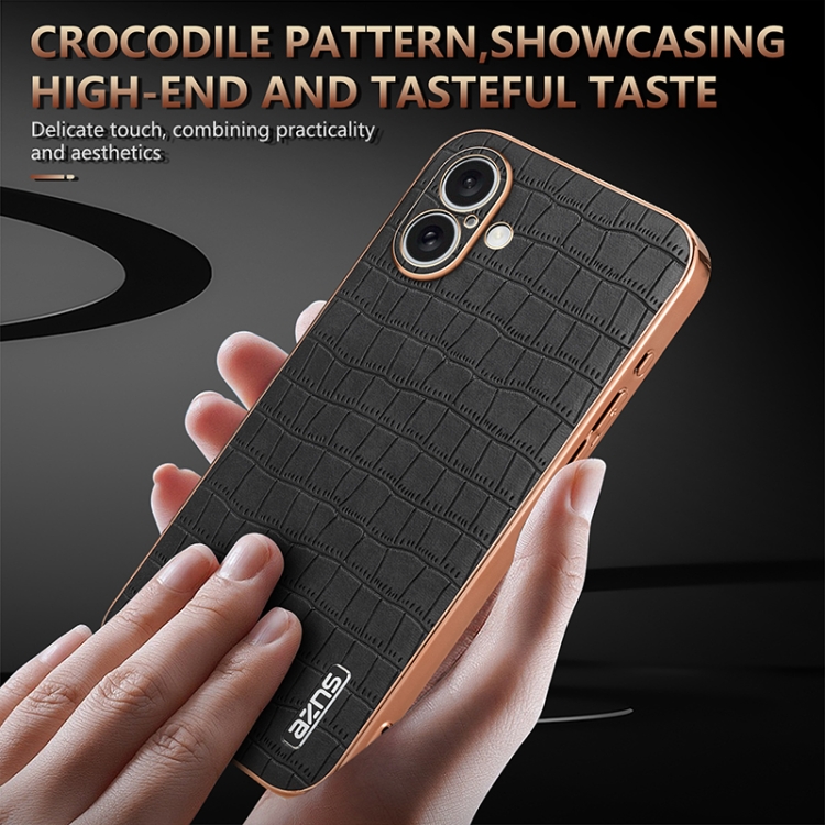 For iPhone 16 AZNS Electroplated Frame Crocodile Texture Full Coverage Phone Case(Blue) For iPhone 16 AZNS Electroplated Frame Crocodile Texture Full Coverage Phone Case(Blue)