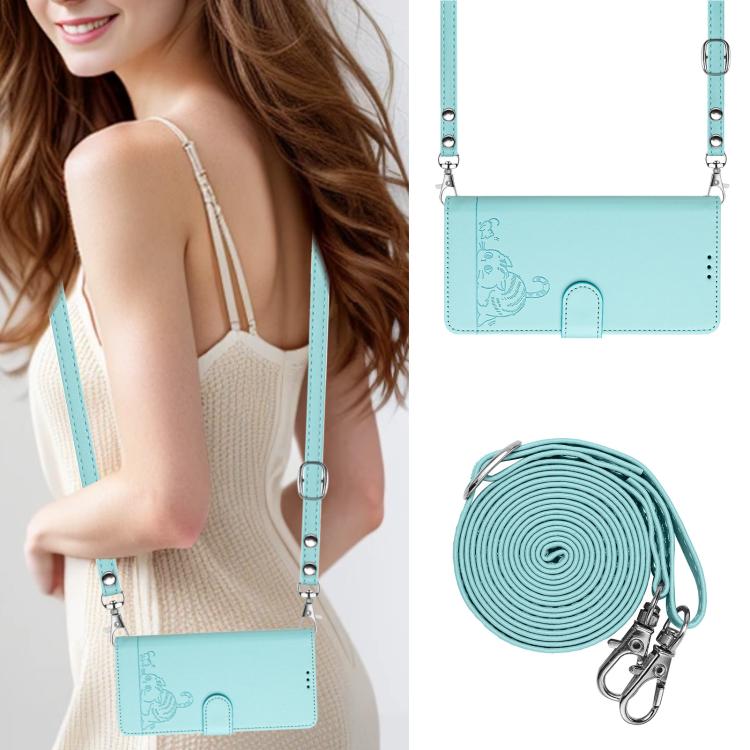 For Blackview Wave 7C Cat Rat Embossed Pattern RFID Leather Phone Case with Lanyard(Mint Green)