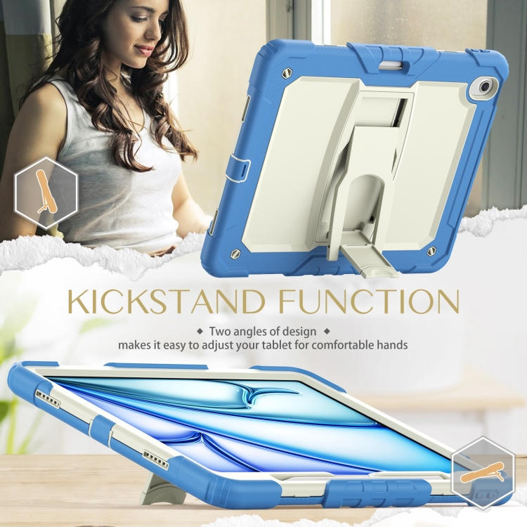 For iPad Air 13 2024 Silicone Hydric PC Tablet Case with Shoulder Strap & Holder(Beige Cyan-blue) For iPad Air 13 2024 Silicone Hydric PC Tablet Case with Shoulder Strap & Holder(Beige Cyan-blue)