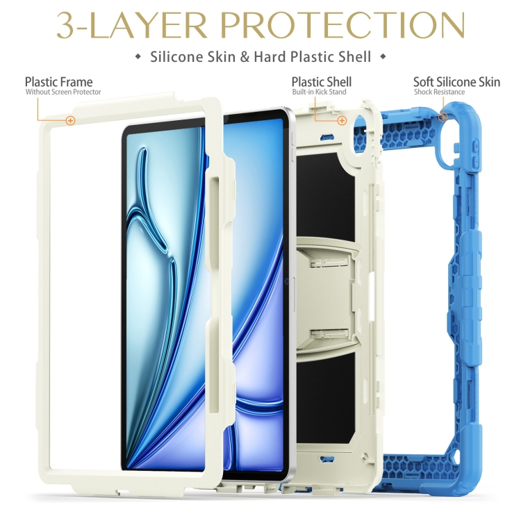 For iPad Air 13 2024 Silicone Hydric PC Tablet Case with Shoulder Strap & Holder(Beige Cyan-blue) For iPad Air 13 2024 Silicone Hydric PC Tablet Case with Shoulder Strap & Holder(Beige Cyan-blue)