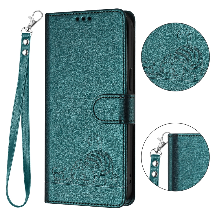 For iPhone 11 Pro Max Cat Rat Embossed Pattern RFID PU Phone Case with Wrist Strap(Peacock Green)