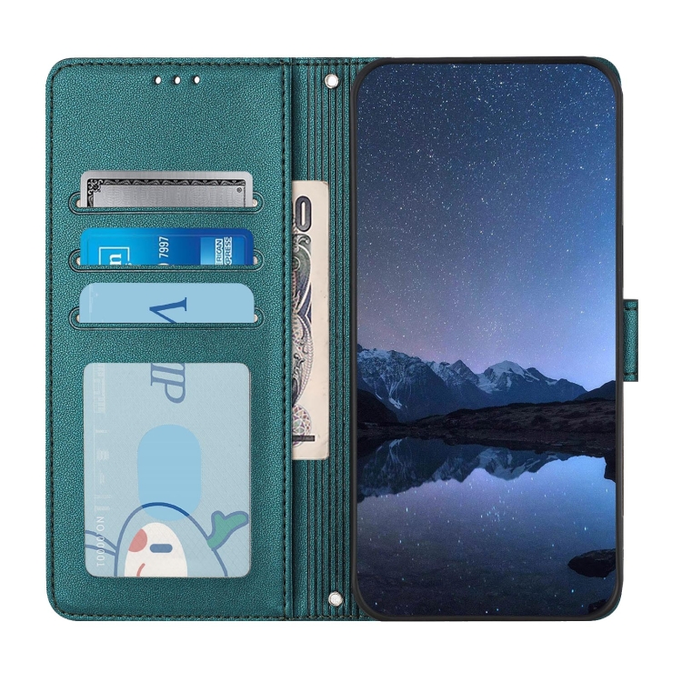 For iPhone 11 Pro Max Cat Rat Embossed Pattern RFID PU Phone Case with Wrist Strap(Peacock Green)