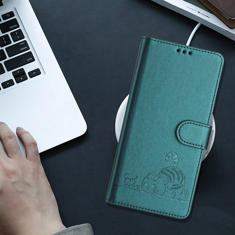 For iPhone 11 Pro Max Cat Rat Embossed Pattern RFID PU Phone Case with Wrist Strap(Peacock Green)