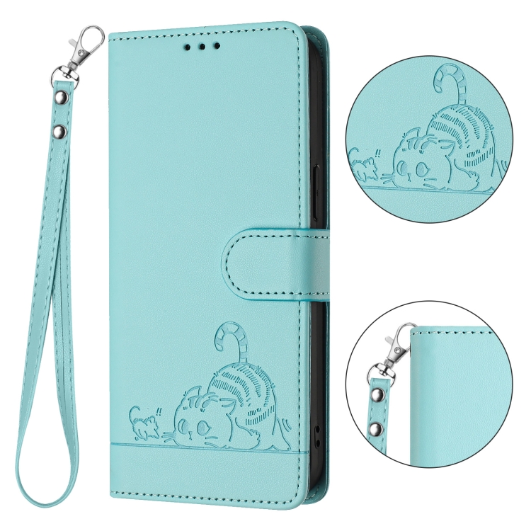 For Samsung Galax S21 Cat Rat Embossed Pattern RFID PU Phone Case with Wrist Strap(Mint Green)