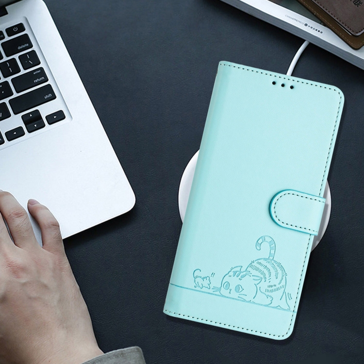 For Samsung Galax S21 Cat Rat Embossed Pattern RFID PU Phone Case with Wrist Strap(Mint Green)