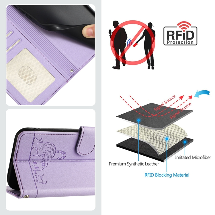 For Samsung Galax S21+ Cat Rat Embossed Pattern RFID PU Phone Case with Wrist Strap(Purple) For Samsung Galax S21+ Cat Rat Embossed Pattern RFID PU Phone Case with Wrist Strap(Purple)