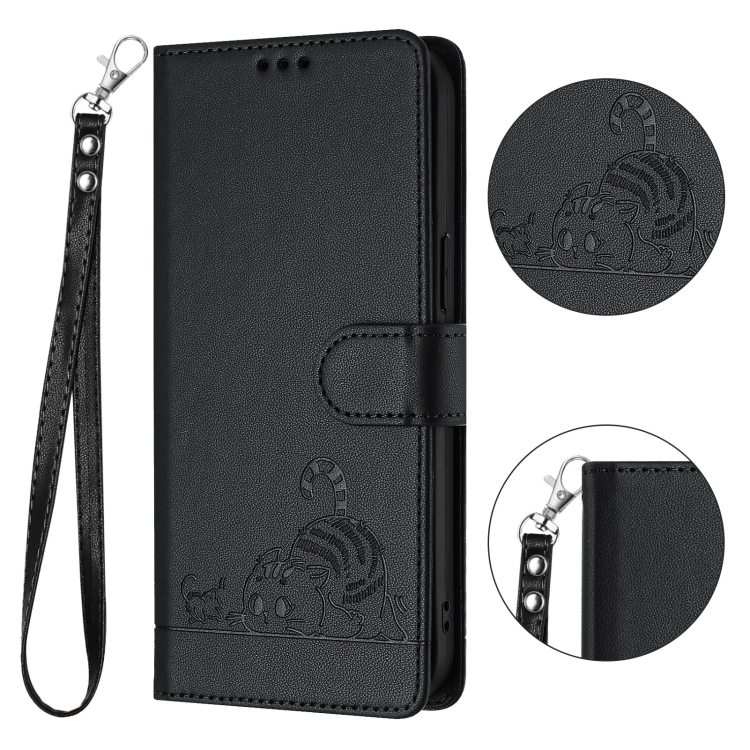 For Samsung Galax S23 5G Cat Rat Embossed Pattern RFID PU Phone Case with Wrist Strap(Black) For Samsung Galax S23 5G Cat Rat Embossed Pattern RFID PU Phone Case with Wrist Strap(Black)