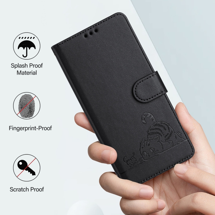 For Samsung Galax S23 5G Cat Rat Embossed Pattern RFID PU Phone Case with Wrist Strap(Black) For Samsung Galax S23 5G Cat Rat Embossed Pattern RFID PU Phone Case with Wrist Strap(Black)