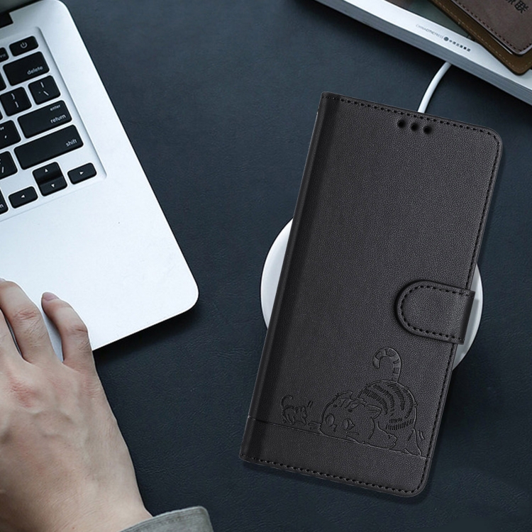 For Samsung Galax S23 5G Cat Rat Embossed Pattern RFID PU Phone Case with Wrist Strap(Black) For Samsung Galax S23 5G Cat Rat Embossed Pattern RFID PU Phone Case with Wrist Strap(Black)