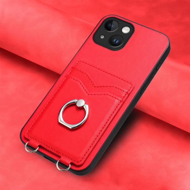 For iPhone 14 R20 Ring Card Holder Phone Case(Red) - 1