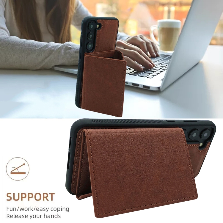 For Samsung Galaxy S22 5G Solid Color Metal Buckle Card Slots Bag Phone Case(Brown) For Samsung Galaxy S22 5G Solid Color Metal Buckle Card Slots Bag Phone Case(Brown)