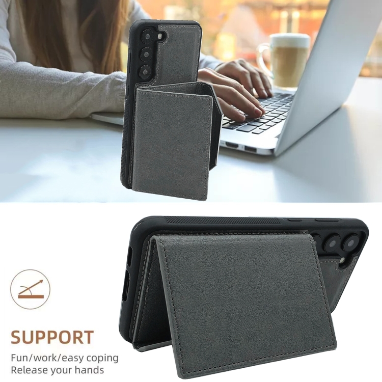 For Samsung Galaxy S23+ 5G Solid Color Metal Buckle Card Slots Bag Phone Case(Grey) For Samsung Galaxy S23+ 5G Solid Color Metal Buckle Card Slots Bag Phone Case(Grey)