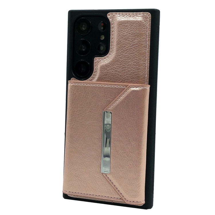 For Samsung Galaxy S23 Ultra 5G Solid Color Metal Buckle Card Slots Bag Phone Case(Rose Gold)