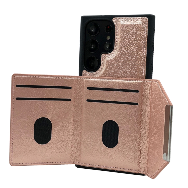 For Samsung Galaxy S23 Ultra 5G Solid Color Metal Buckle Card Slots Bag Phone Case(Rose Gold)