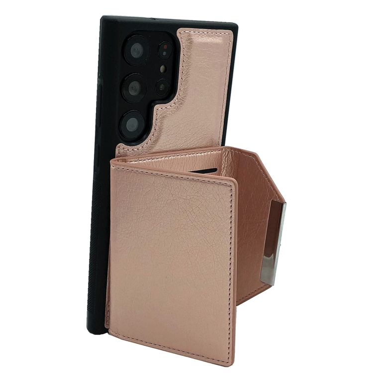 For Samsung Galaxy S23 Ultra 5G Solid Color Metal Buckle Card Slots Bag Phone Case(Rose Gold)