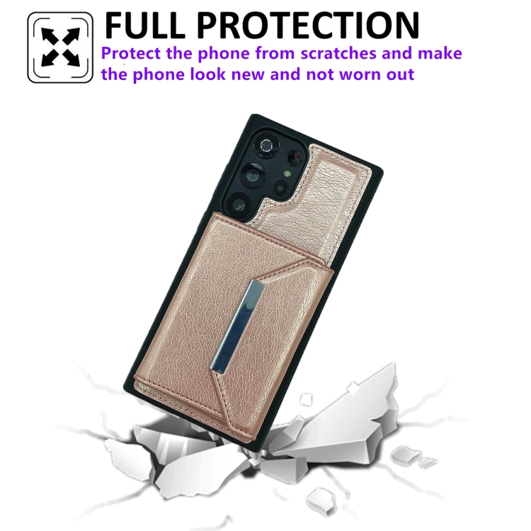 For Samsung Galaxy S23 Ultra 5G Solid Color Metal Buckle Card Slots Bag Phone Case(Rose Gold)