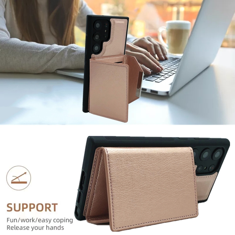 For Samsung Galaxy S23 Ultra 5G Solid Color Metal Buckle Card Slots Bag Phone Case(Rose Gold)