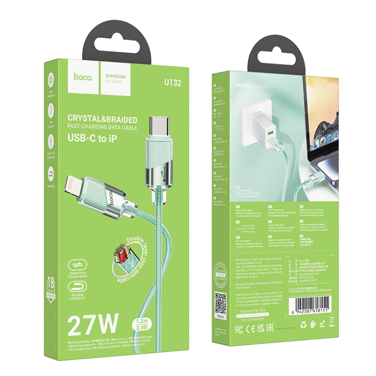 hoco U132 Beijing 1.2m PD27W USB-C / Type-C to 8 Pin Charging Data Cable(Green) hoco U132 Beijing 1.2m PD27W USB-C / Type-C to 8 Pin Charging Data Cable(Green)
