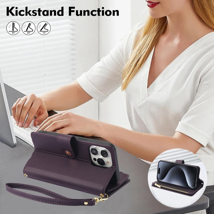 For iPhone 15 YM016 Rhombic Zipper Card Wallet Leather Phone Case with Lanyard(Dark Purple) For iPhone 15 YM016 Rhombic Zipper Card Wallet Leather Phone Case with Lanyard(Dark Purple)