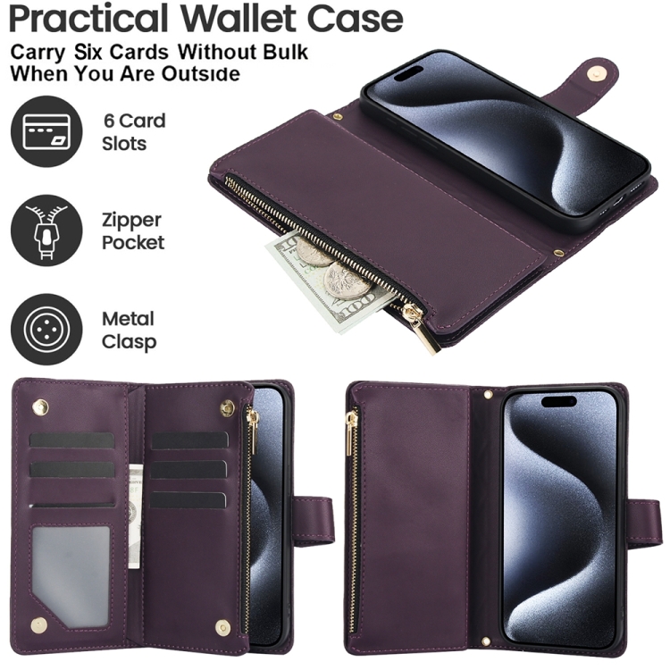 For iPhone 15 YM016 Rhombic Zipper Card Wallet Leather Phone Case with Lanyard(Dark Purple) For iPhone 15 YM016 Rhombic Zipper Card Wallet Leather Phone Case with Lanyard(Dark Purple)