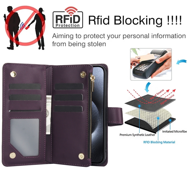 For iPhone 15 YM016 Rhombic Zipper Card Wallet Leather Phone Case with Lanyard(Dark Purple) For iPhone 15 YM016 Rhombic Zipper Card Wallet Leather Phone Case with Lanyard(Dark Purple)