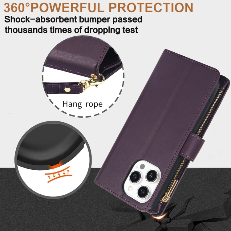 For iPhone 15 YM016 Rhombic Zipper Card Wallet Leather Phone Case with Lanyard(Dark Purple) For iPhone 15 YM016 Rhombic Zipper Card Wallet Leather Phone Case with Lanyard(Dark Purple)