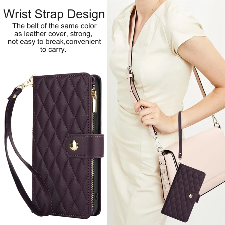 For iPhone 15 YM016 Rhombic Zipper Card Wallet Leather Phone Case with Lanyard(Dark Purple) For iPhone 15 YM016 Rhombic Zipper Card Wallet Leather Phone Case with Lanyard(Dark Purple)