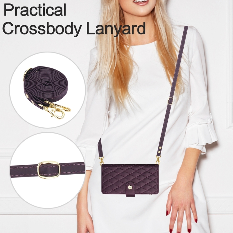 For iPhone 15 YM016 Rhombic Zipper Card Wallet Leather Phone Case with Lanyard(Dark Purple) For iPhone 15 YM016 Rhombic Zipper Card Wallet Leather Phone Case with Lanyard(Dark Purple)